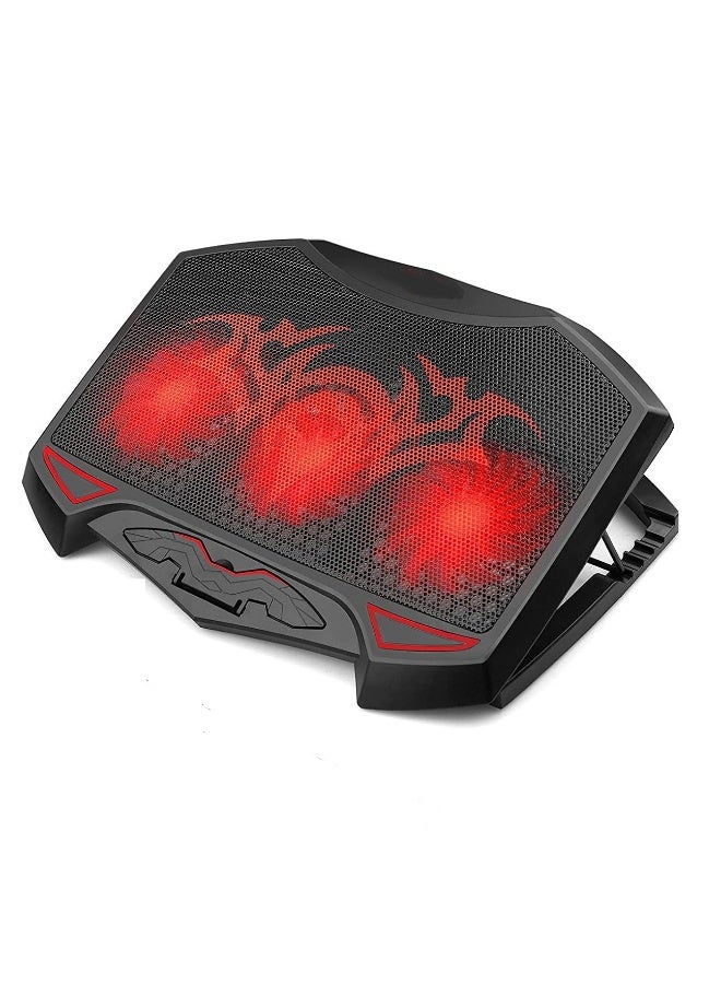 Gaming Laptop Cooling Pad Stand - 3 x Red Led Fans – 2 USB Ports - Support Notebook Size UP 15.6 Inch | Black - Image 1